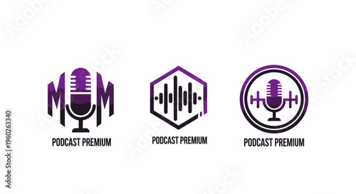 Podcast Premium Logos: Microphone, Sound Waves, and Radio Icon Set