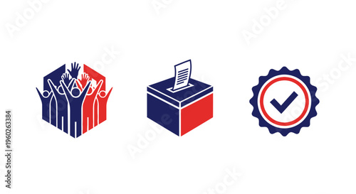 Voting concept icons: community, ballot box, and approval stamp
