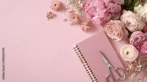 Flat lay of pink roses, notebook, and scissors on a pastel pink background.
