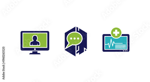 Telemedicine icons: computer, chat, medical monitor