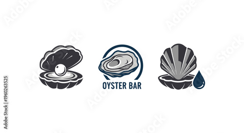 Oyster Bar Icons: Open Shell with Pearl, Oyster in Circle, Shell with Water Drop