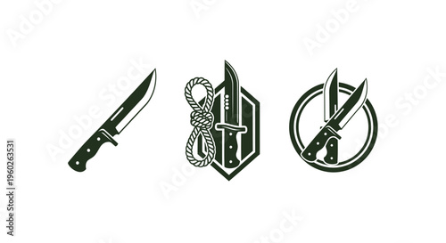 Set of three knife icons: single blade, knife with rope, and crossed knives in circle.