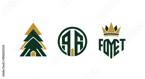 Forestry Emblem Set: Evergreen Tree, Circular Monogram, and Crowned Crest