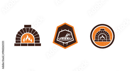 Pizza Oven Icons: Wood-Fired, Emblem, and Circular Designs