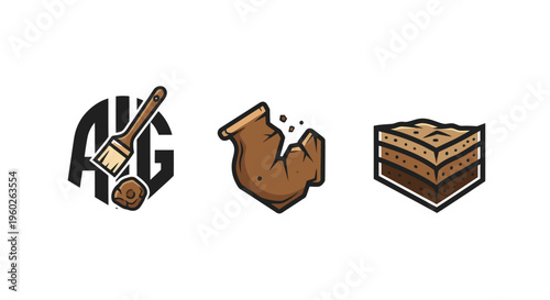 Woodworking and Craftsmanship Icons: Brush, Sawdust, and Layered Wood