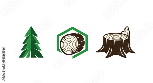 Forestry Icons: Pine Tree, Wood Log in Hexagon, Tree Stump