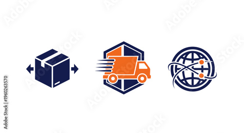 Logistics Icons: Shipping Box, Delivery Truck, Global Network