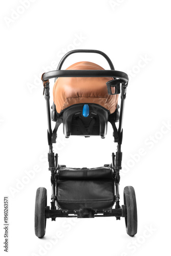 Stylish baby stroller on wh...