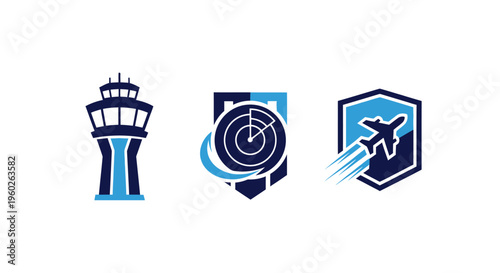 Airport Control Tower, Radar, and Airplane Icons Set
