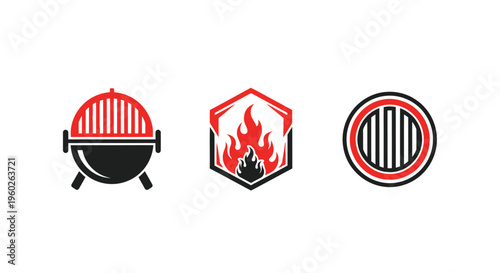 Grill, Flame, and Barbecue Icons Set on White Background