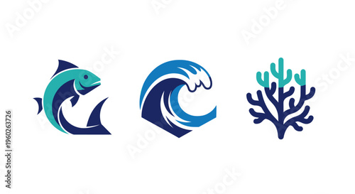 Free Download Marine Life Icons: Fish, Wave, and Coral - Oceanography and Nature Symbols - GFXLoad