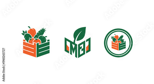 Fresh Produce Logo Set: Crate, Emblem, Circle Badge with Vegetables