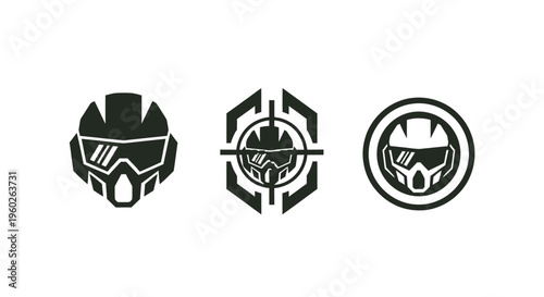 Futuristic Soldier Helmet Icons: Sci-Fi Warrior Emblem Set