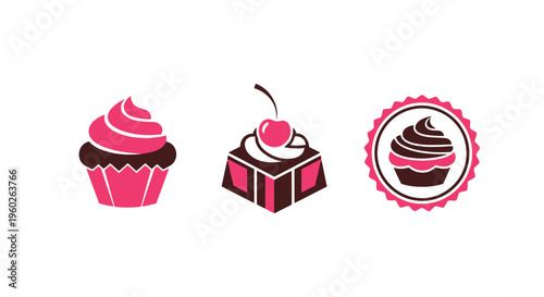 Sweet Desserts Icons: Cupcake, Cake Slice, and Decorated Cupcake on White Background
