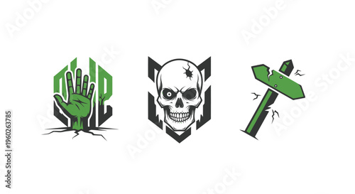 Green Zombie Icons: Hand, Skull, and Axe on White Background