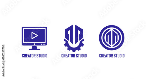 Creator Studio Logos: Monitor, Hexagon Gear, Circle Emblem - Digital Content Creation
