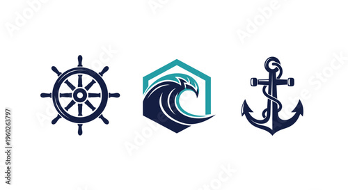 Nautical Symbols: Ship Wheel, Ocean Wave Logo, Anchor - Vector Icons