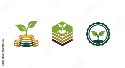 Growth Investment Icons: Plant Sprouting from Coins, Soil Layers, and Emblem