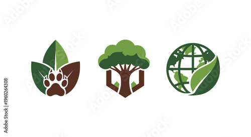Eco-friendly icons: paw print, tree, and globe with leaf, representing nature and conservation.