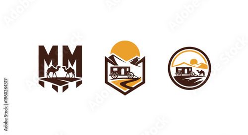 Desert Caravan Logos: Camels, Stagecoach, Sunset, Mountains, Vintage Style