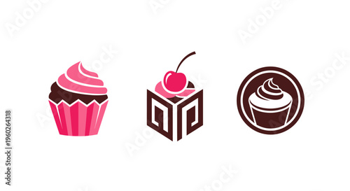 Cupcake Icons: Pink Swirl Frosting, Cherry Topped Geometric Cake, and Classic Circular Logo
