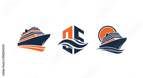 Cruise Ship Logos: Modern Design Collection with Waves and Sun
