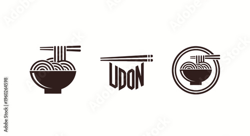 Udon Noodles Logo Set: Bowl, Text, and Circular Emblem