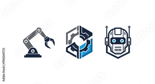 Robotics, AI, and Automation Icons: Robot Arm, Gear Hexagon, Robot Head