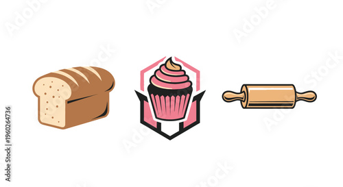 Bread, Cupcake Logo, and Rolling Pin Isolated on White Background