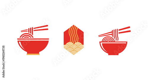 Asian Noodles Logo Set: Ramen Bowl and Abstract Wave Design