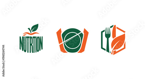 Healthy Food Nutrition Logos Icons Set - Apple, Fork, Leaf, Abstract Shapes