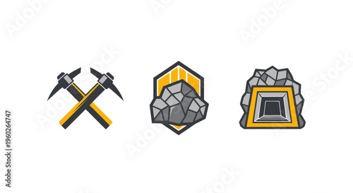 Mining Icons: Pickaxes, Rock Fragment, Mine Entrance, Industrial Symbols