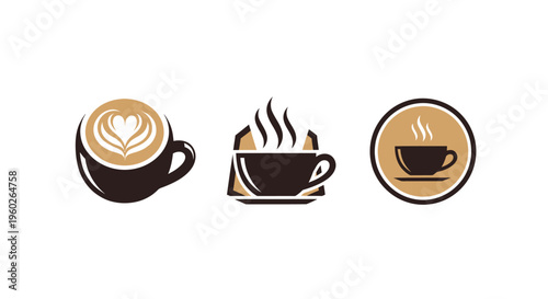Coffee icons: latte art, steaming cup, and espresso in circle on white background