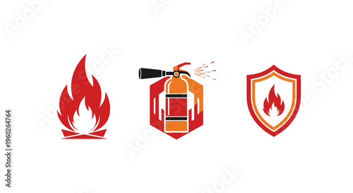 Fire safety icons: flame, extinguisher, shield with fire