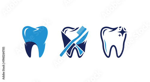 Dental Care Icons: Healthy Tooth, Toothbrush, and Sparkling Tooth