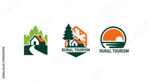 Rural Tourism Logo Set: Houses, Trees, Landscape, Nature Icons