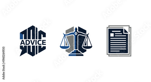 Lawyer Icons: Scales of Justice, Document, and Hexagonal Advice Logo