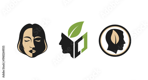 Mental Health Icons: Face, Brain, Leaf, Silhouette, Circle