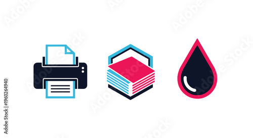 Printing press, paper stack, and ink drop icons on white background