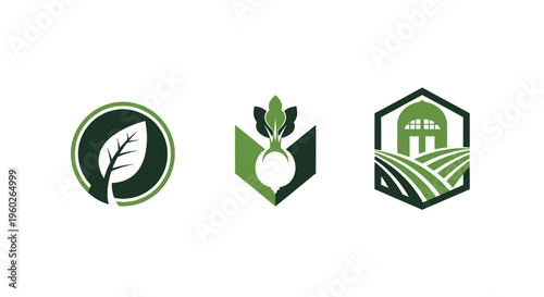 Set of organic farming and agriculture logos: leaf, root vegetable, and barn with fields