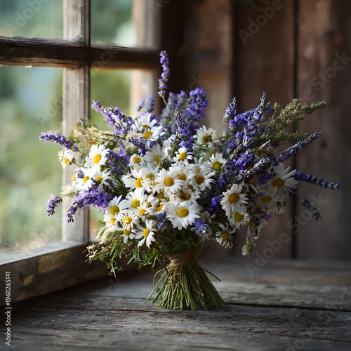 Rustic Bouquet of Daisies and Lavender by a Window.