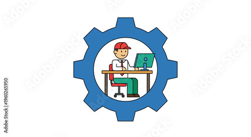 Cartoon man sitting at desk.