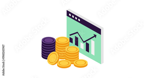 Coins Stacked with Graph on Screen.