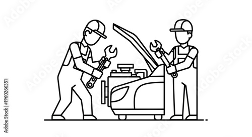 Two mechanics working on car engine.