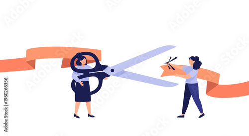 Two women cutting a long ribbon.