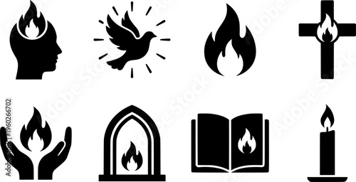 "Pentecost Fire Icons". Minimalistic set one-line drawing flame above head silhouette, dove with radiant lines
