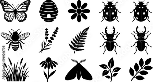garden pollinators outline set. Line outline icon set of garden pollinators outline set: butterfly, bee,
