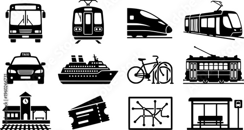 Public transport icons. Line outline icon set of Public transport icons: bus, subway, train, tram, taxi, ferry
