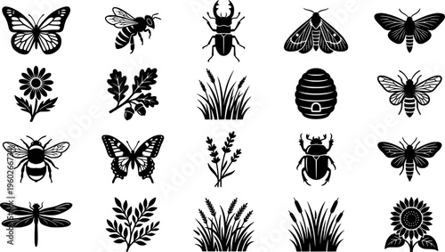 garden pollinators outline set. Line outline icon set of garden pollinators outline set: butterfly, bee,
