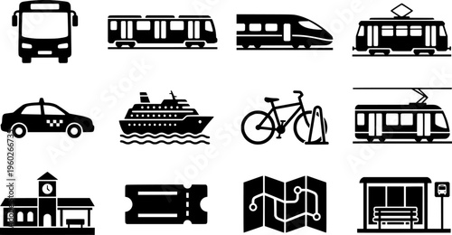 Public transport icons. Line outline icon set of Public transport icons: bus, subway, train, tram, taxi, ferry
